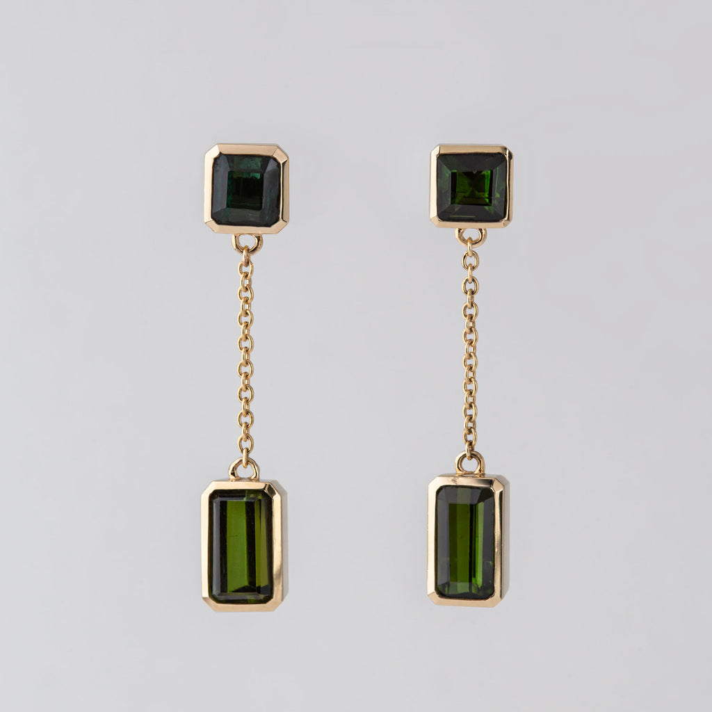 Modern Green Tourmaline Drop earrings in 9 carat Yellow Gold