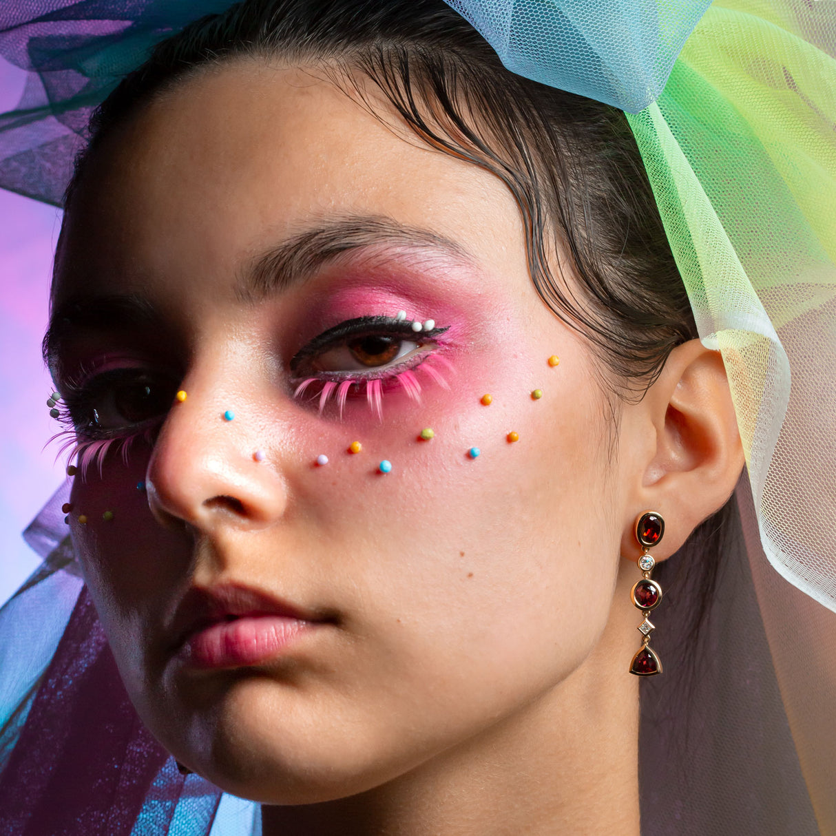 Goddess of Dawn Garnet & Lab Diamond Gold Earrings