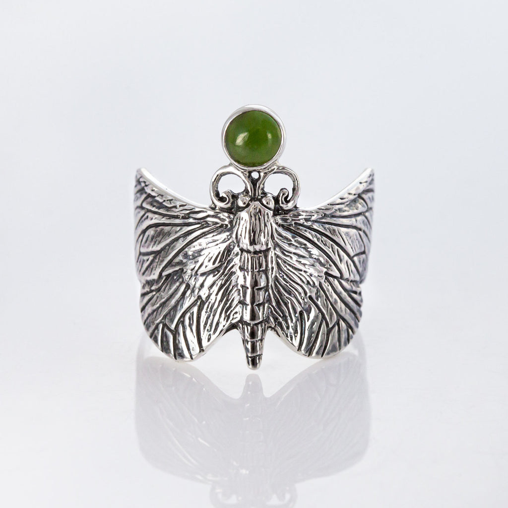 Puriri Moth ring with Pounamu in Sterling Silver