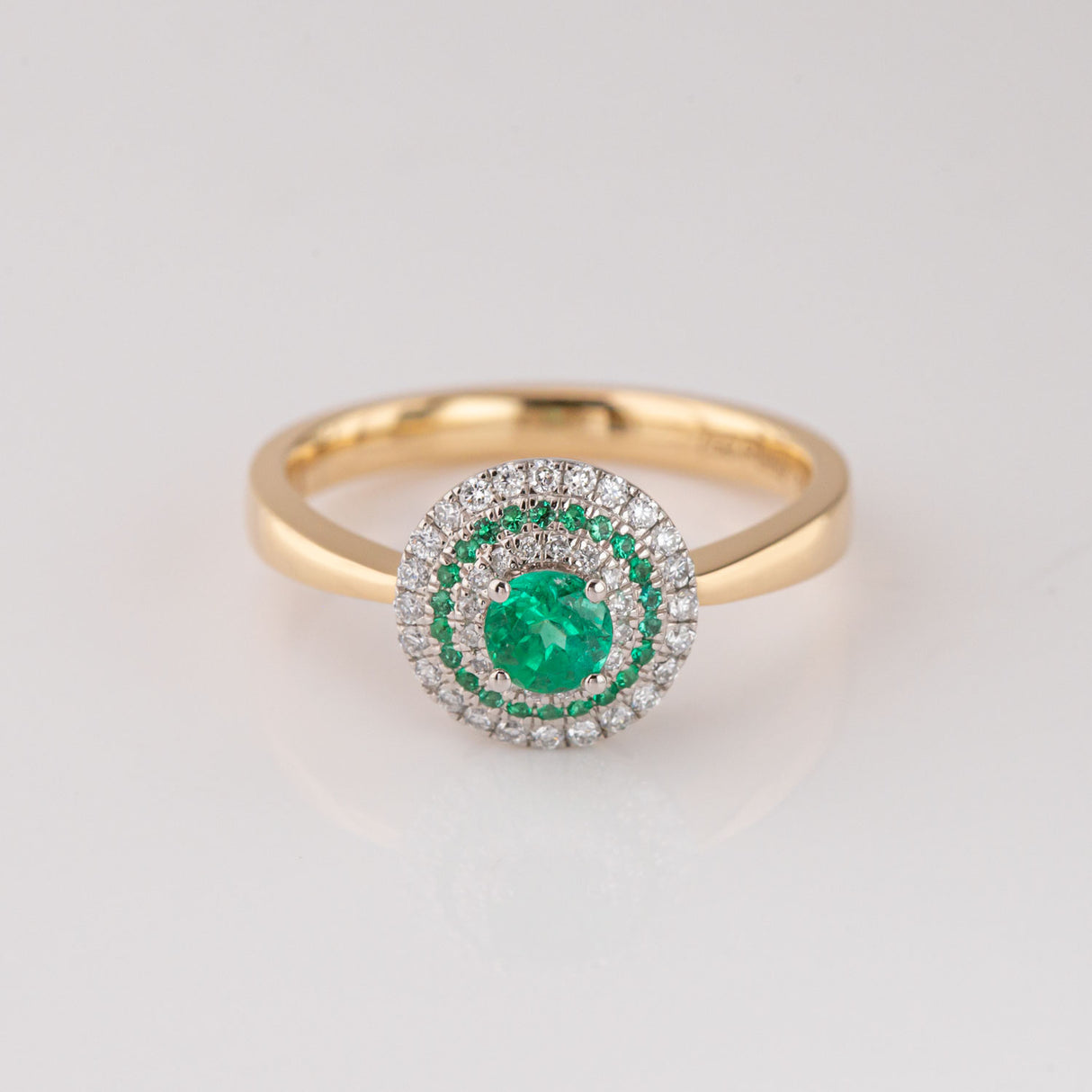 Baby UFO ring with Emeralds and Diamonds in Platinum and 18 carat Gold