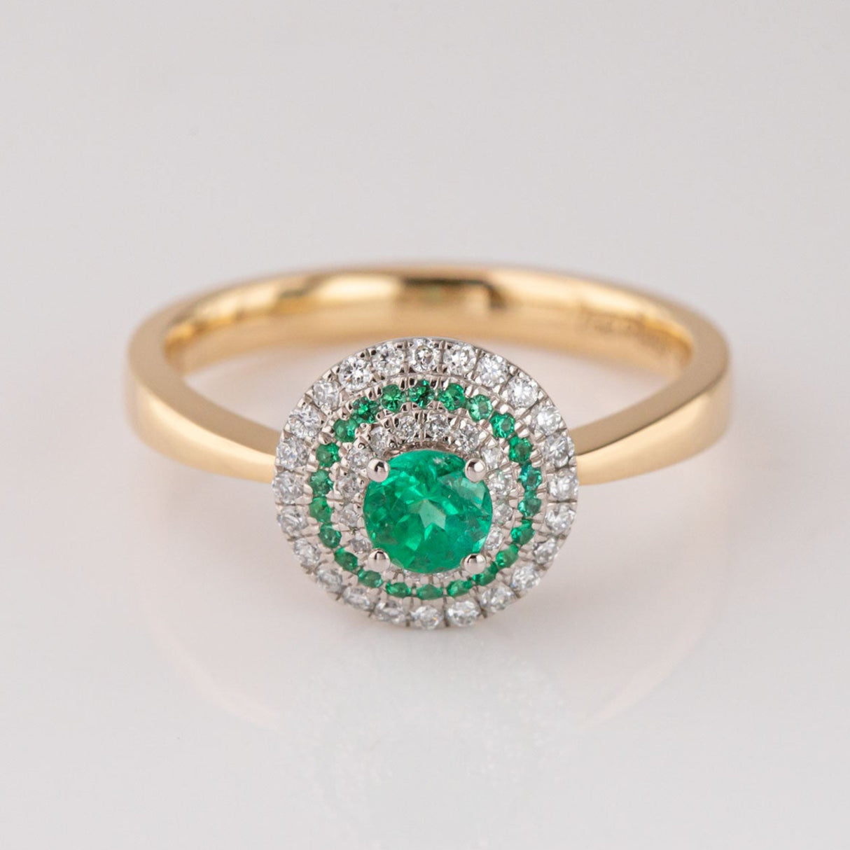 Baby UFO ring with Emeralds and Diamonds in Platinum and 18 carat Gold