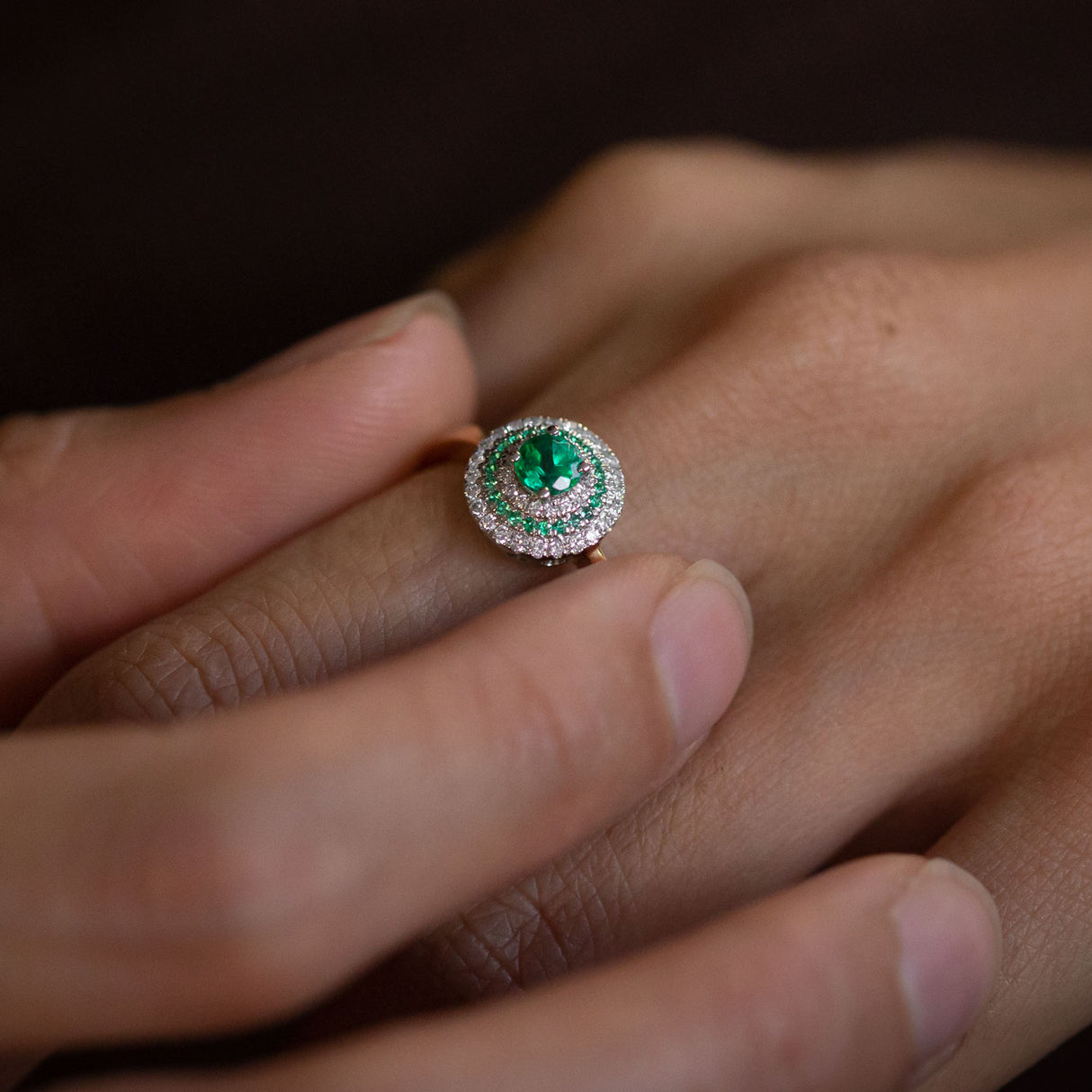 Baby UFO ring with Emeralds and Diamonds in Platinum and 18 carat Gold