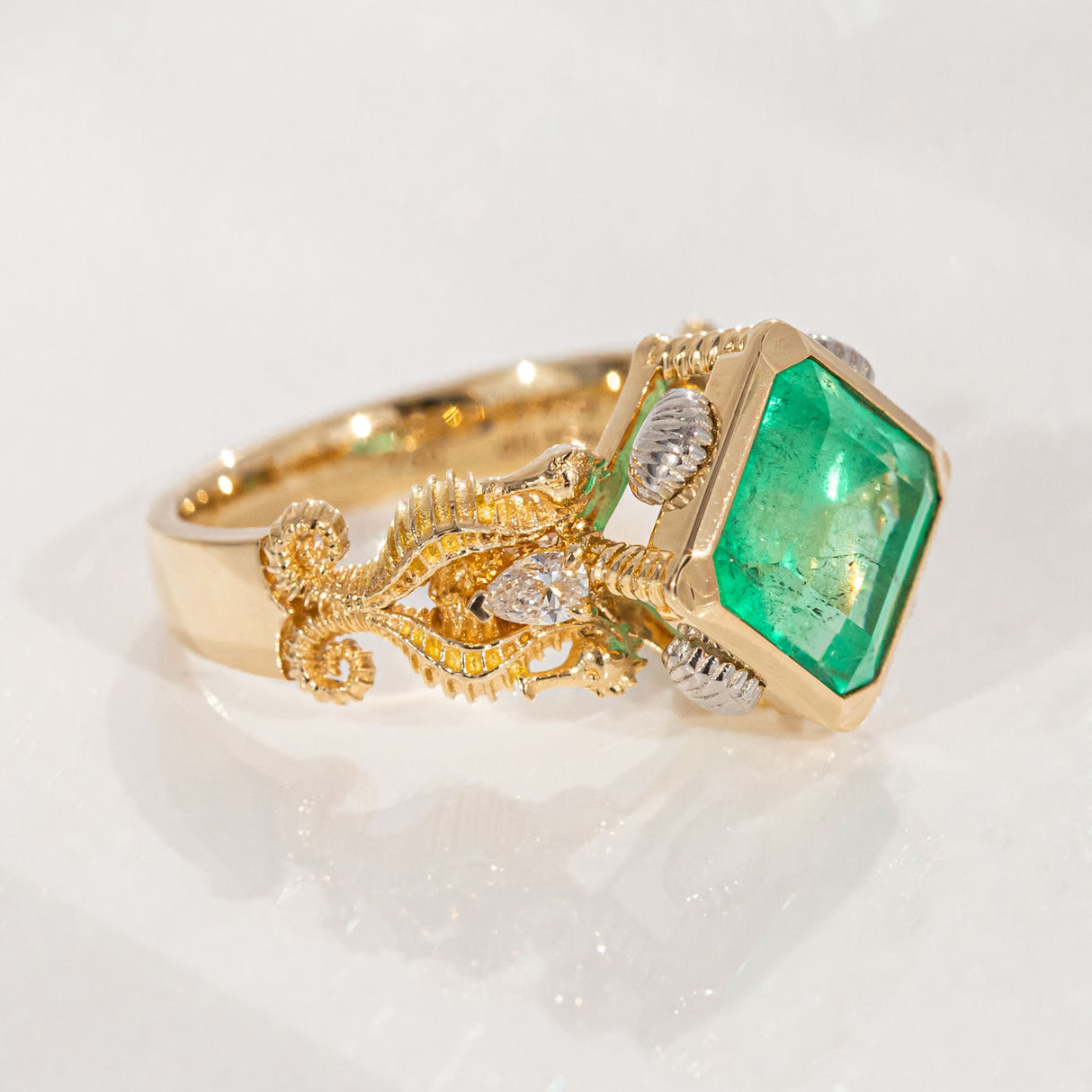 3.47 carat Emerald Seahorse Temple ring with Diamonds in 18 carat Gold and Platinum