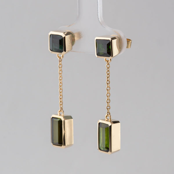 Modern Green Tourmaline Drop earrings in 9 carat Yellow Gold