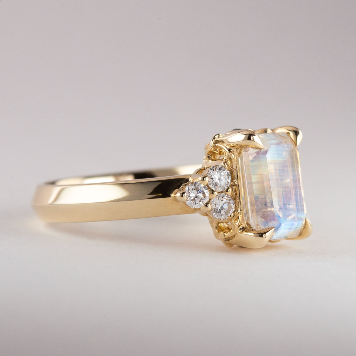 Moonlight Lake Ring in Rainbow Moonstone and Diamonds