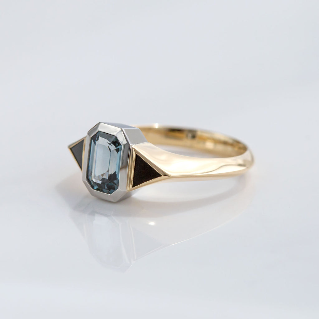 Grey Spinel Twin Trillion ring in Platinum and 9 carat Gold