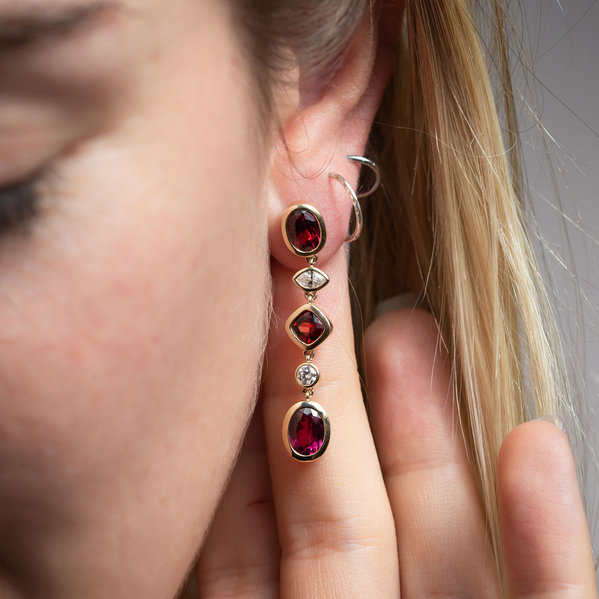 Goddess of Dawn Garnet & Lab Diamond Gold Earrings