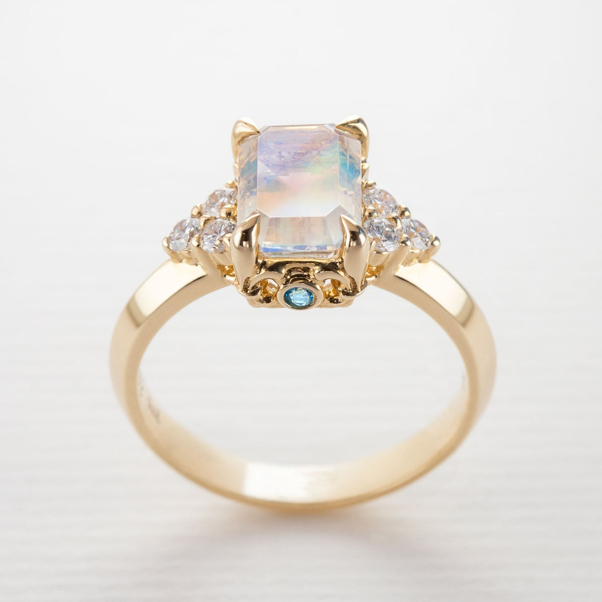 Moonlight Lake Ring in Rainbow Moonstone and Diamonds