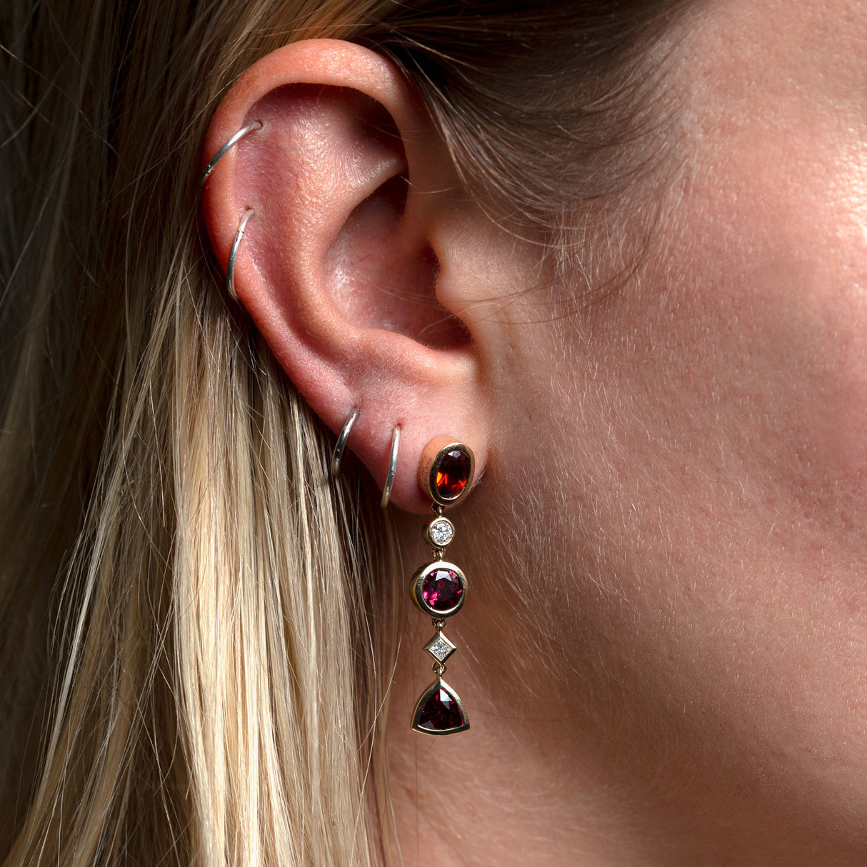 Goddess of Dawn Garnet & Lab Diamond Gold Earrings