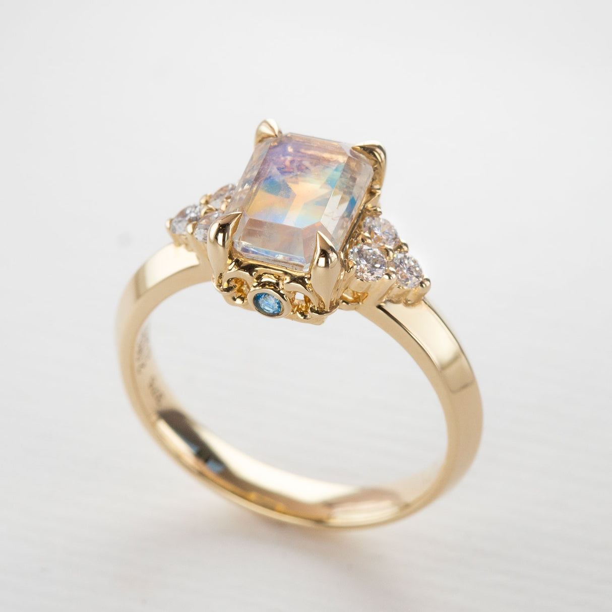 Moonlight Lake Ring in Rainbow Moonstone and Diamonds