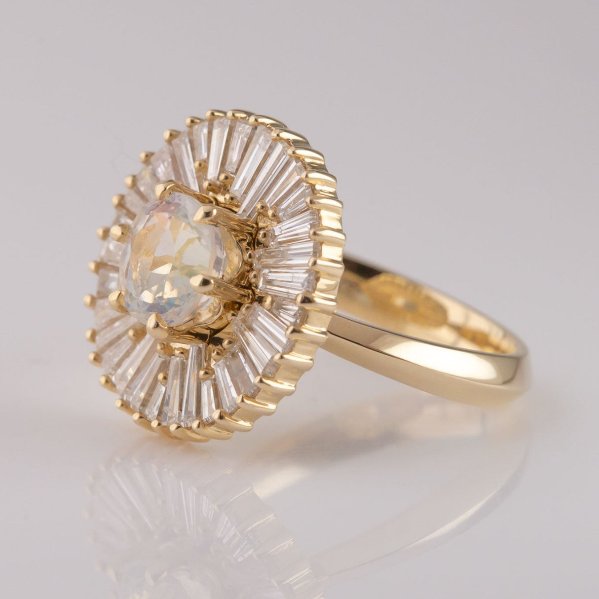 Renaissance Ruffle ring with Diamonds and Rainbow Moonstone in 9 carat Gold