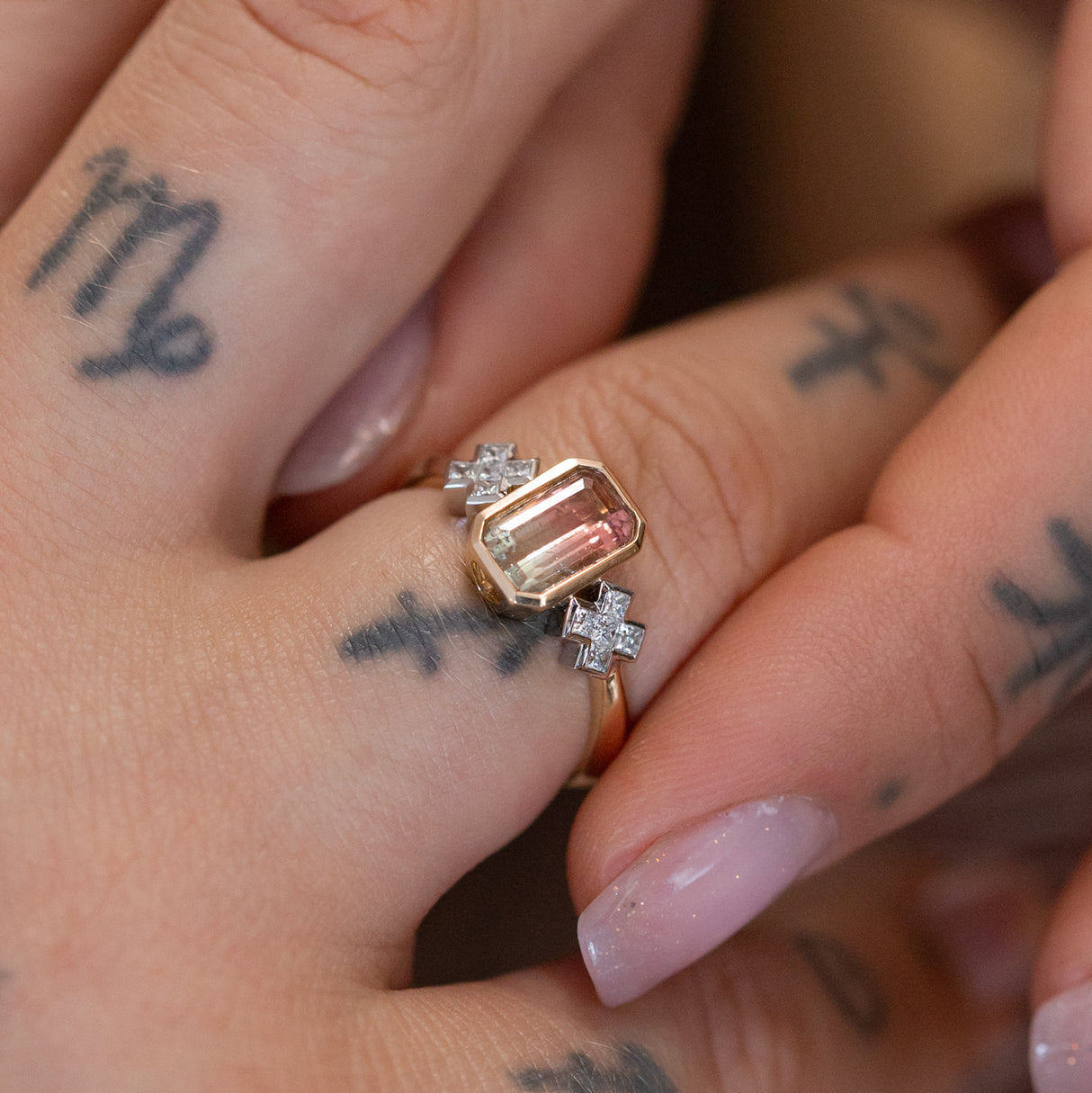Watermelon Kiss Kiss Ring with Diamonds