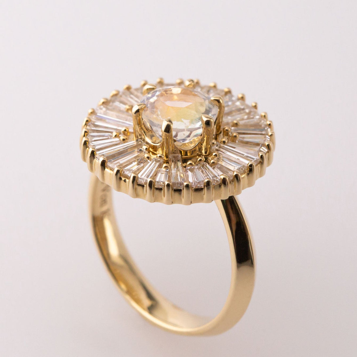 Renaissance Ruffle ring with Diamonds and Rainbow Moonstone in 9 carat Gold