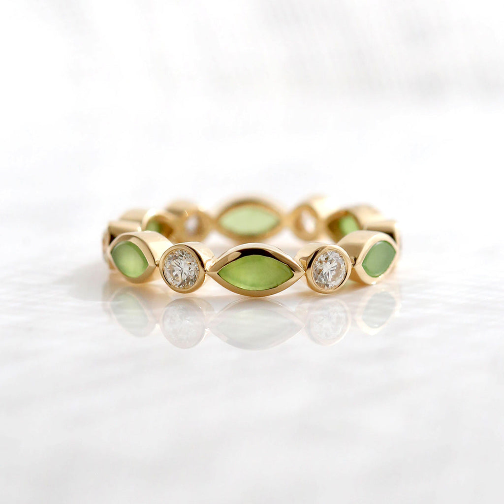 Pounamu and Diamond Blossom Eternity ring in Yellow Gold or Platinum