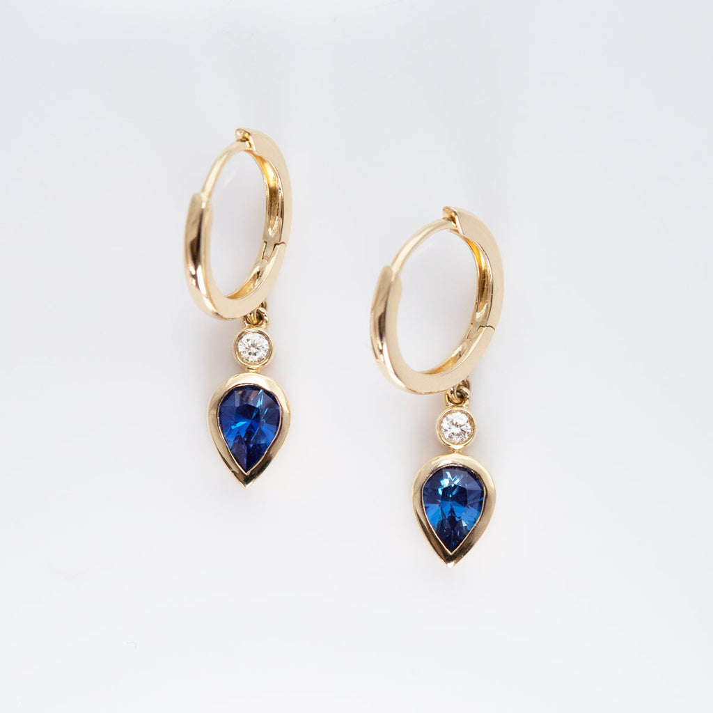 Blue Sapphire Teardrop and Diamond earrings in 9 carat Gold
