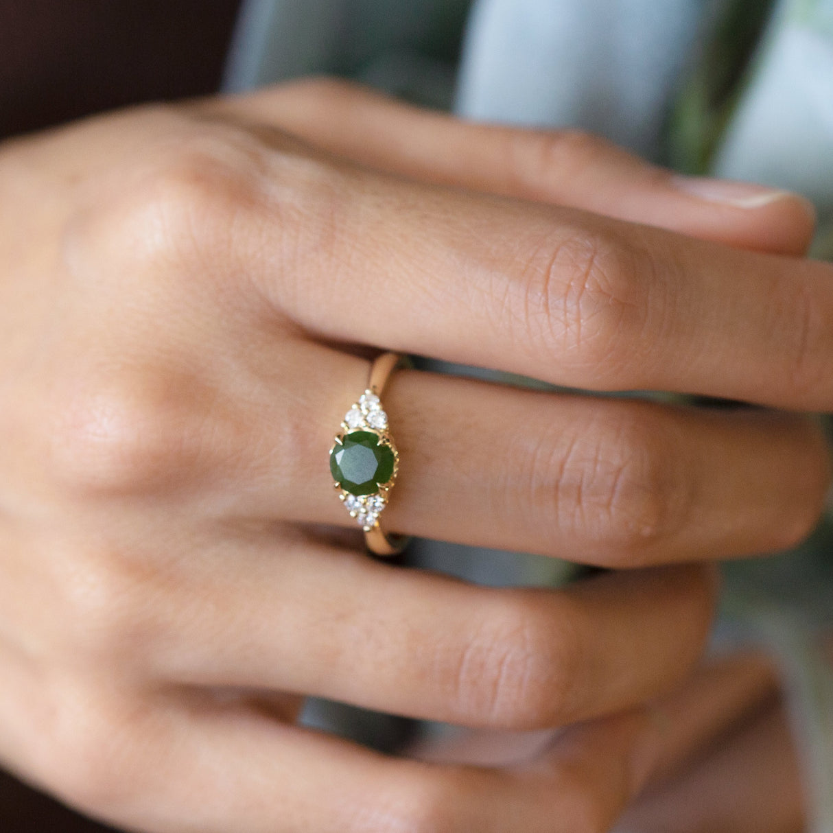 Frosted Dewdrop Ring with Pounamu & Diamonds