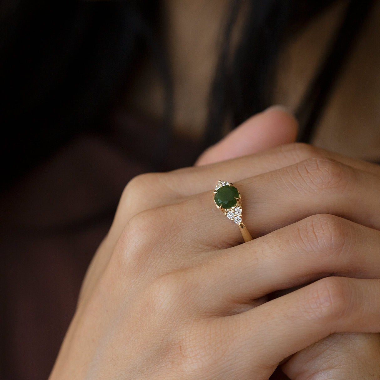 Frosted Dewdrop Ring with Pounamu & Diamonds
