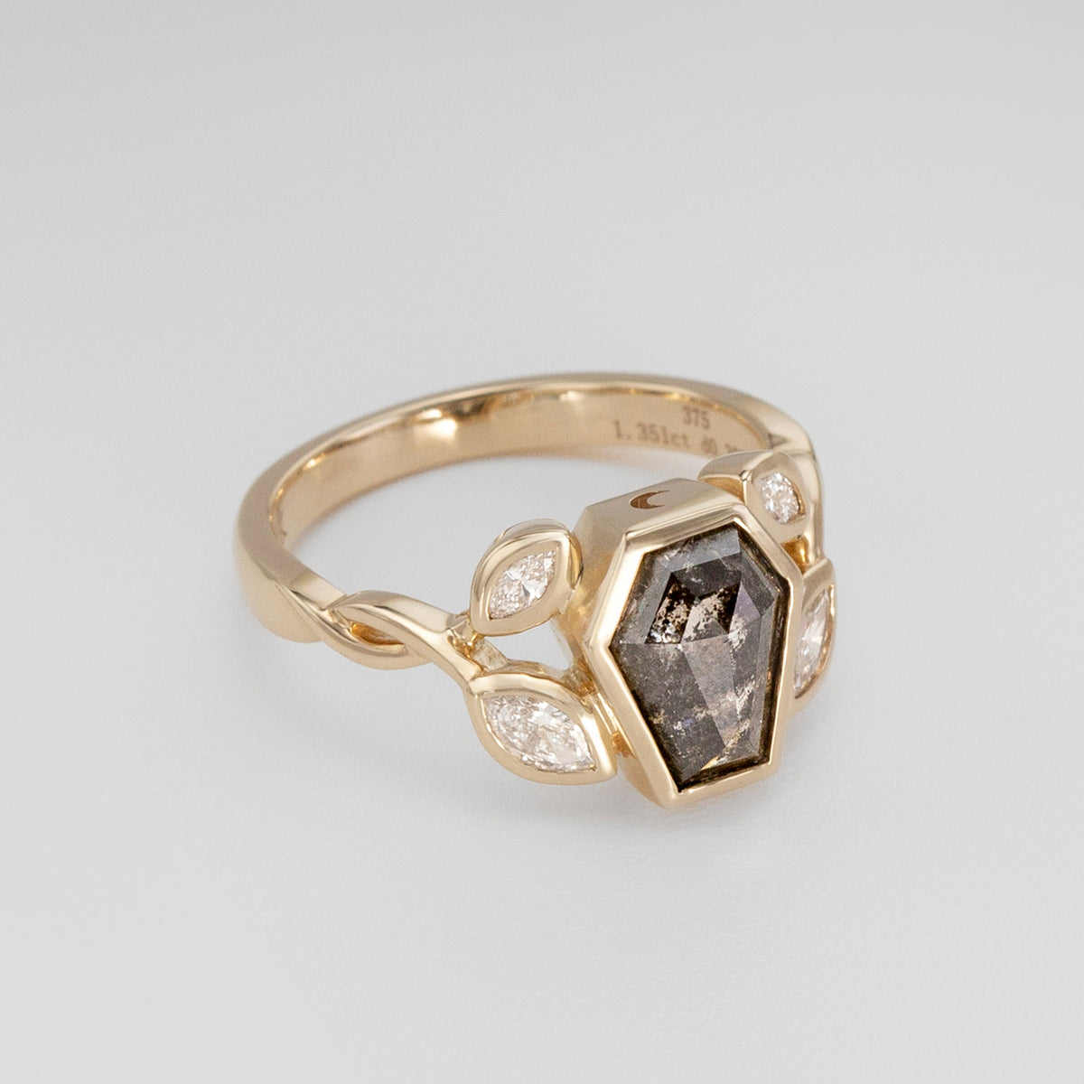 Nick Von K 9 Karat Yellow Gold Ring with Coffin Shaped Salt and Pepper Diamond bezel set with moon cut out and accented by Marquise shaped lab diamonds and twisted vines side angle
