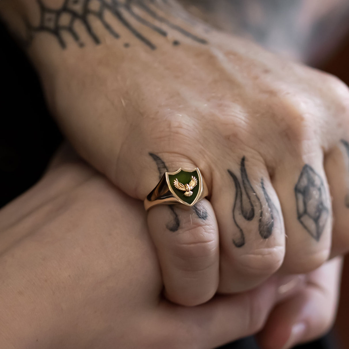 Pounamu Owl Crest Signet ring in Yellow Gold or Platinum