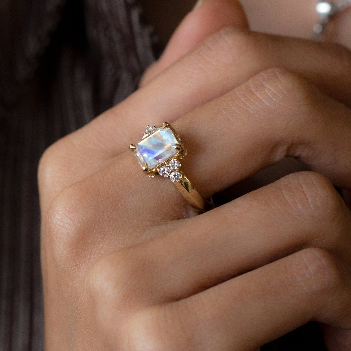 Moonlight Lake Ring in Rainbow Moonstone and Diamonds