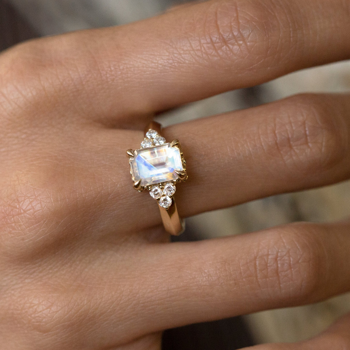 Moonlight Lake Ring in Rainbow Moonstone and Diamonds
