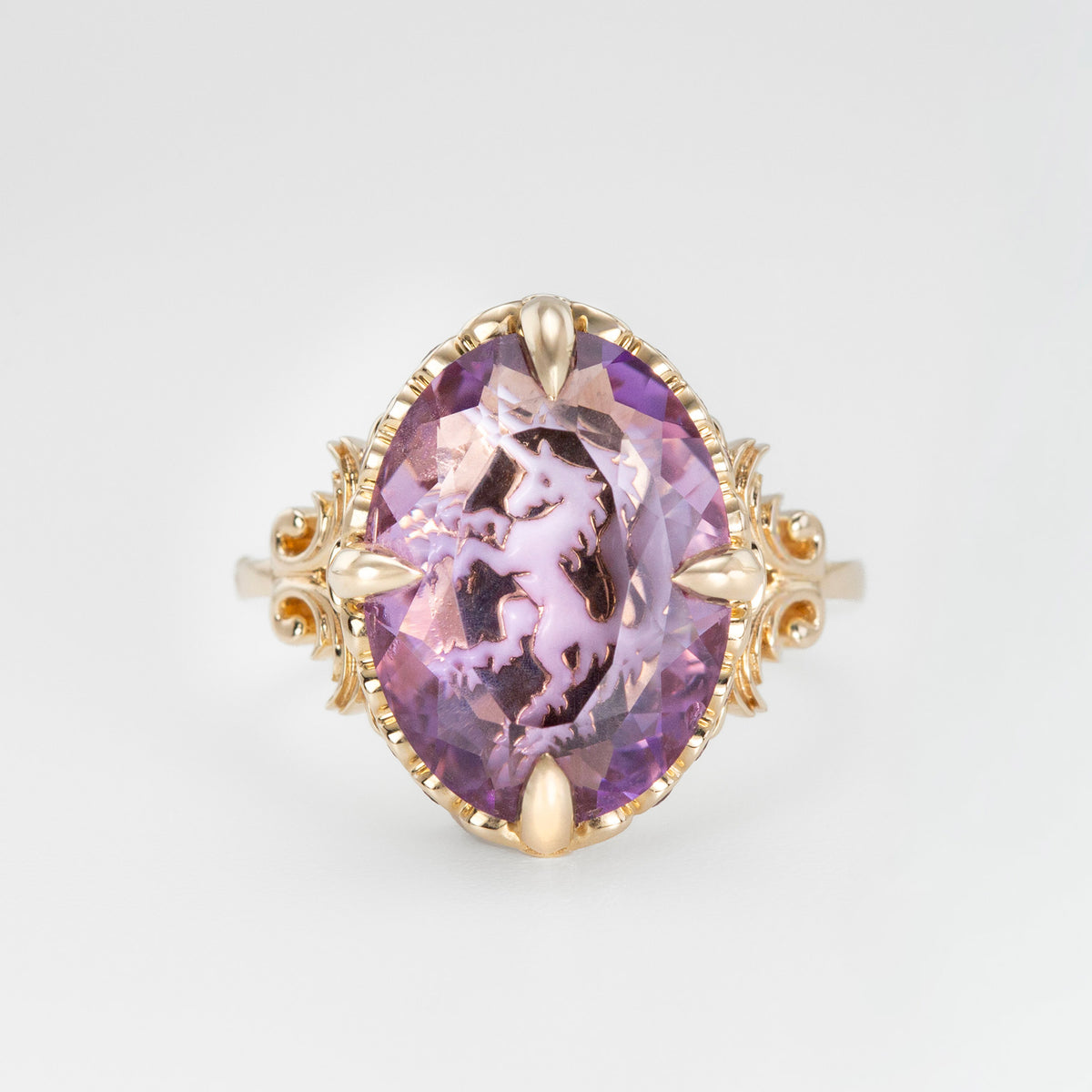 Nick Von K 9k Yellow Gold Royal Unicorn RIng with Amethyst front view