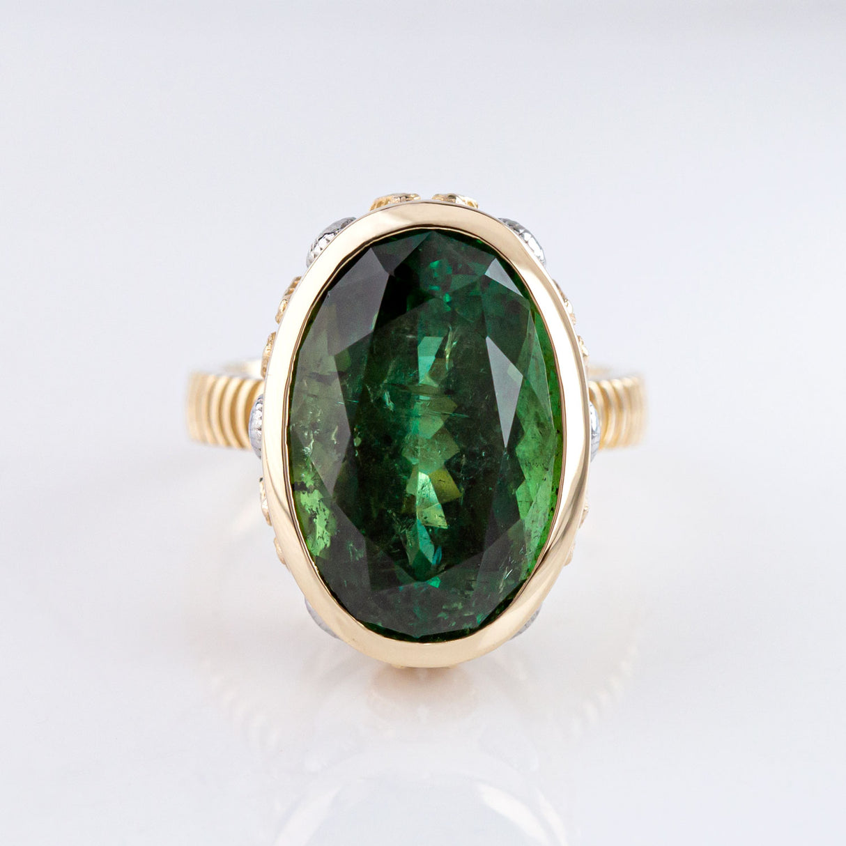 15.81 carat Teal Green Tourmaline Seahorse Temple ring in 9 carat Gold and Platinum
