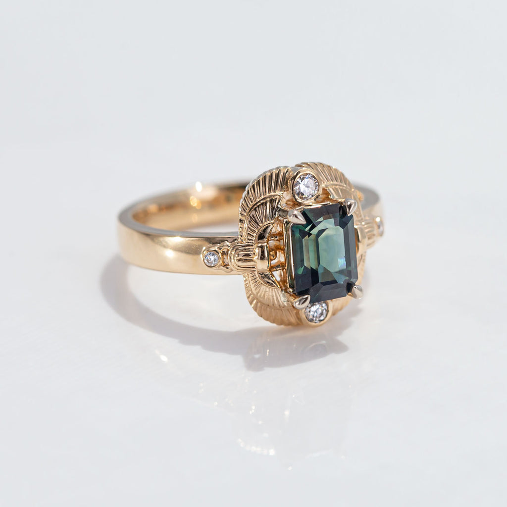 1.35 carat Teal Sapphire Twin Scarab ring with Diamonds in 18 carat Gold