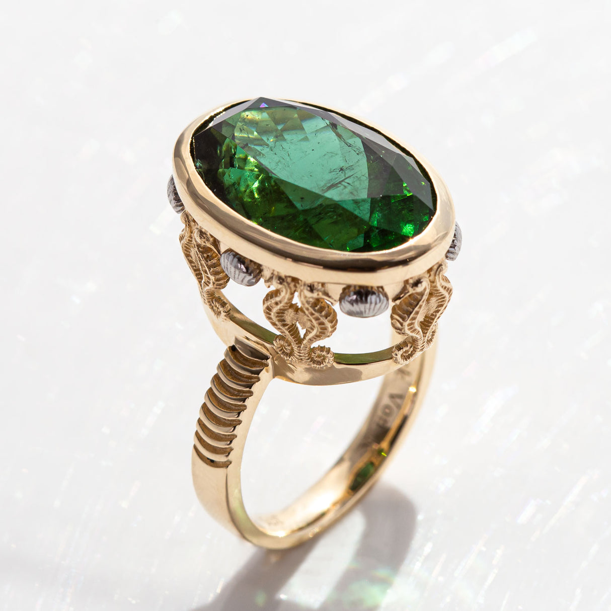 15.81 carat Teal Green Tourmaline Seahorse Temple ring in 9 carat Gold and Platinum