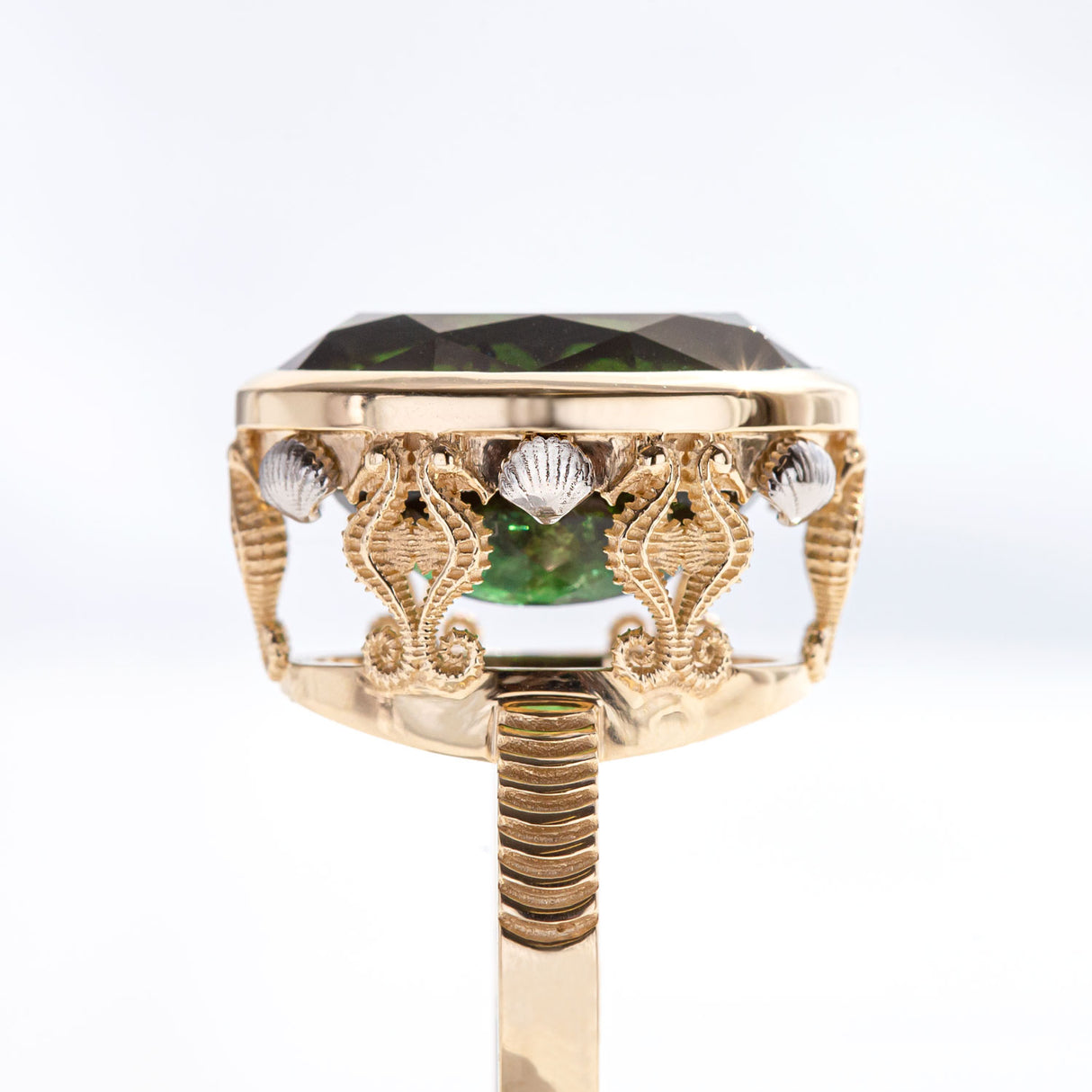 15.81 carat Teal Green Tourmaline Seahorse Temple ring in 9 carat Gold and Platinum