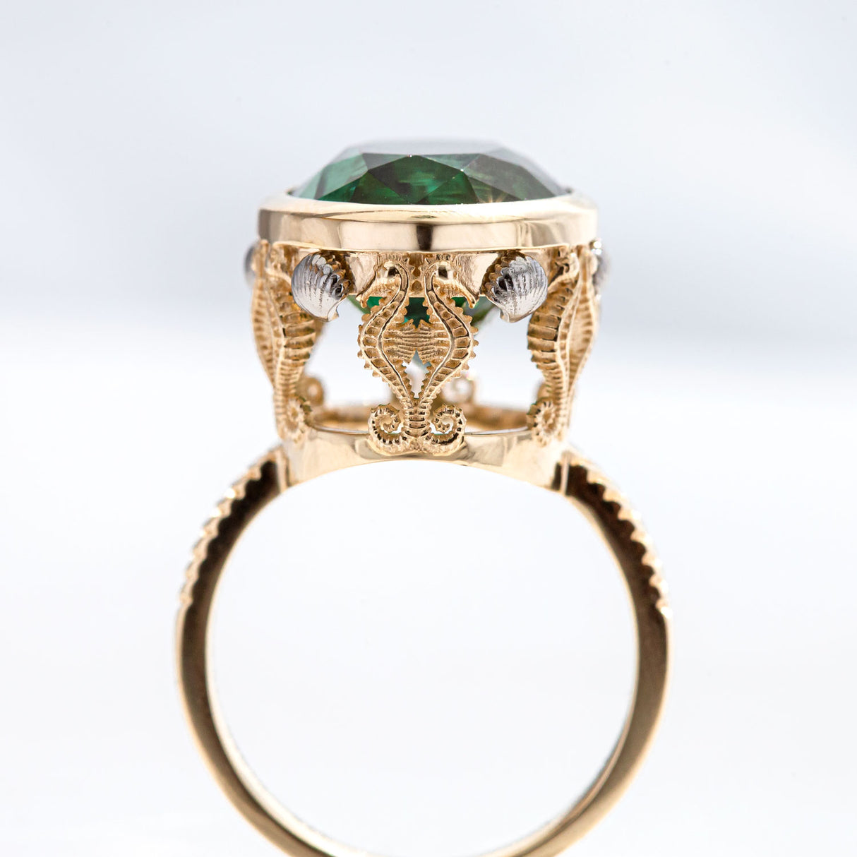 15.81 carat Teal Green Tourmaline Seahorse Temple ring in 9 carat Gold and Platinum