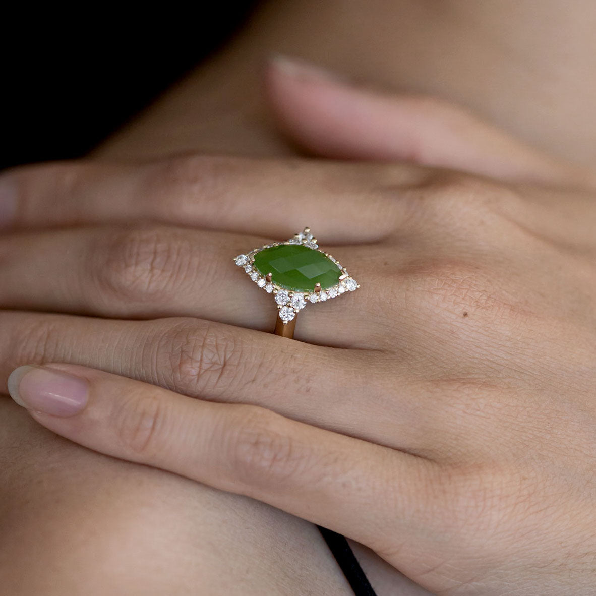 Pounamu Marquise and Diamond Starlight ring in Yellow Gold or Platinum