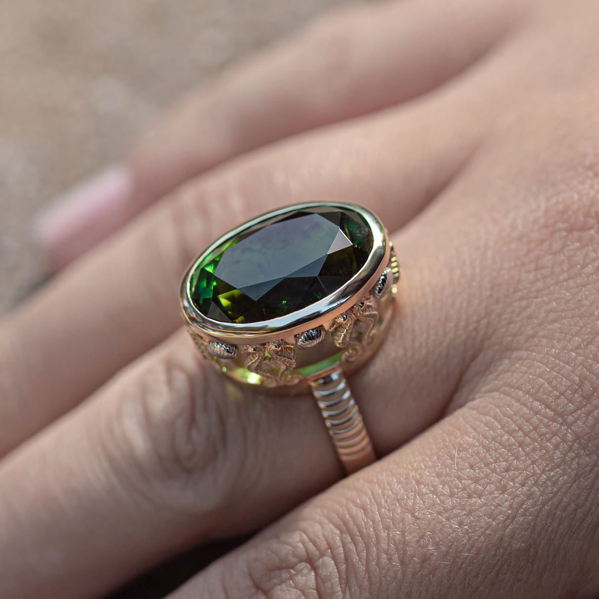 15.81 carat Teal Green Tourmaline Seahorse Temple ring in 9 carat Gold and Platinum