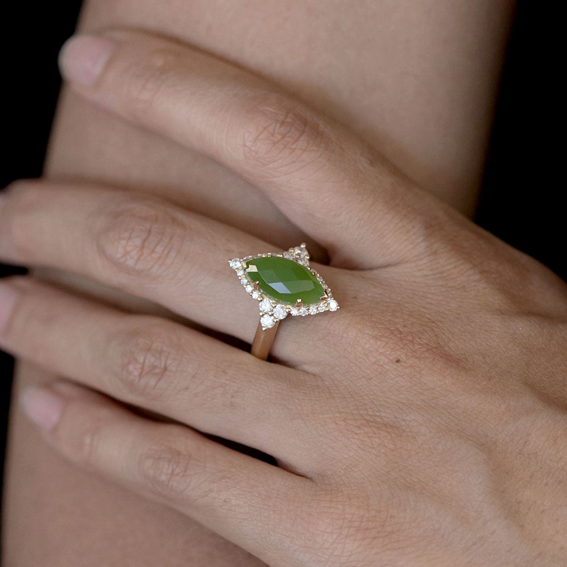 Pounamu Marquise and Diamond Starlight ring in Yellow Gold or Platinum
