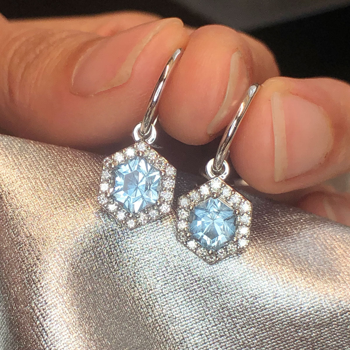 Hexagonal Aquamarine Earrings with Diamond Halos in 18 carat White Gold