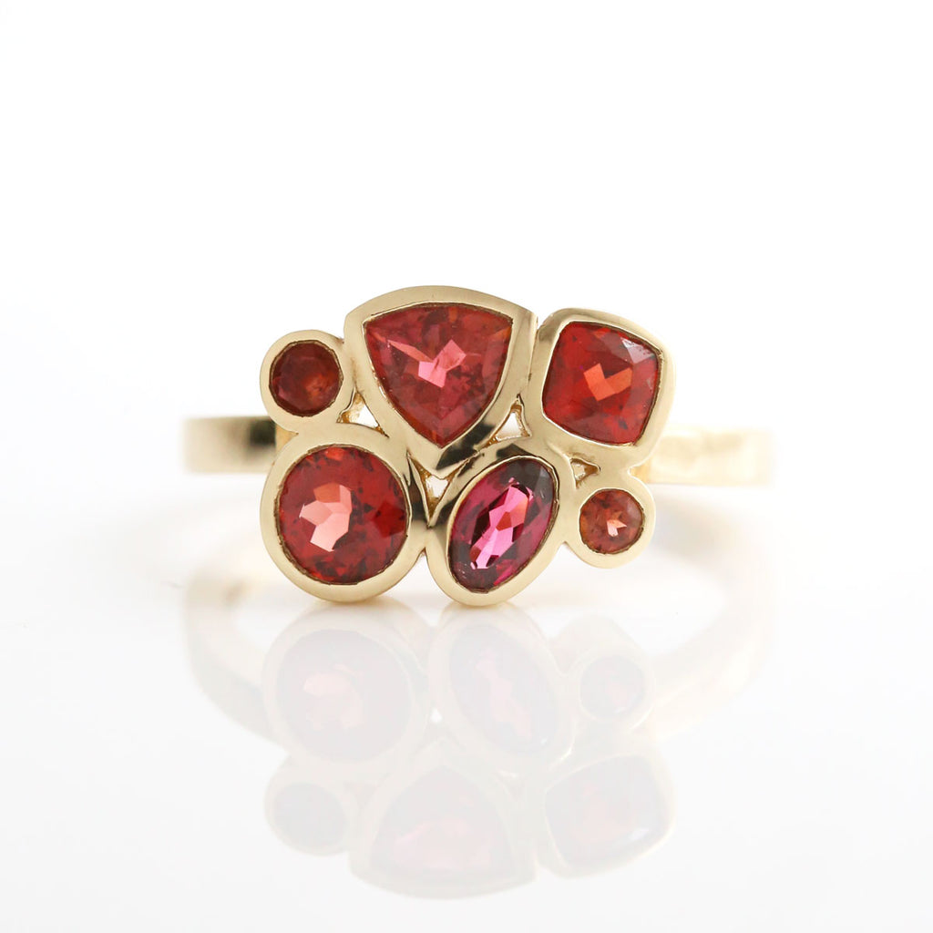 Berry Red Cluster ring set in 9 carat Yellow Gold