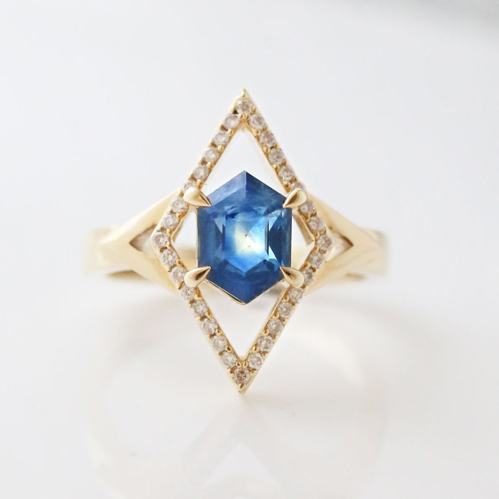 2 carat Deep Blue Opalescent Sapphire Helios Ring with Diamonds in 14 carat Yellow Gold