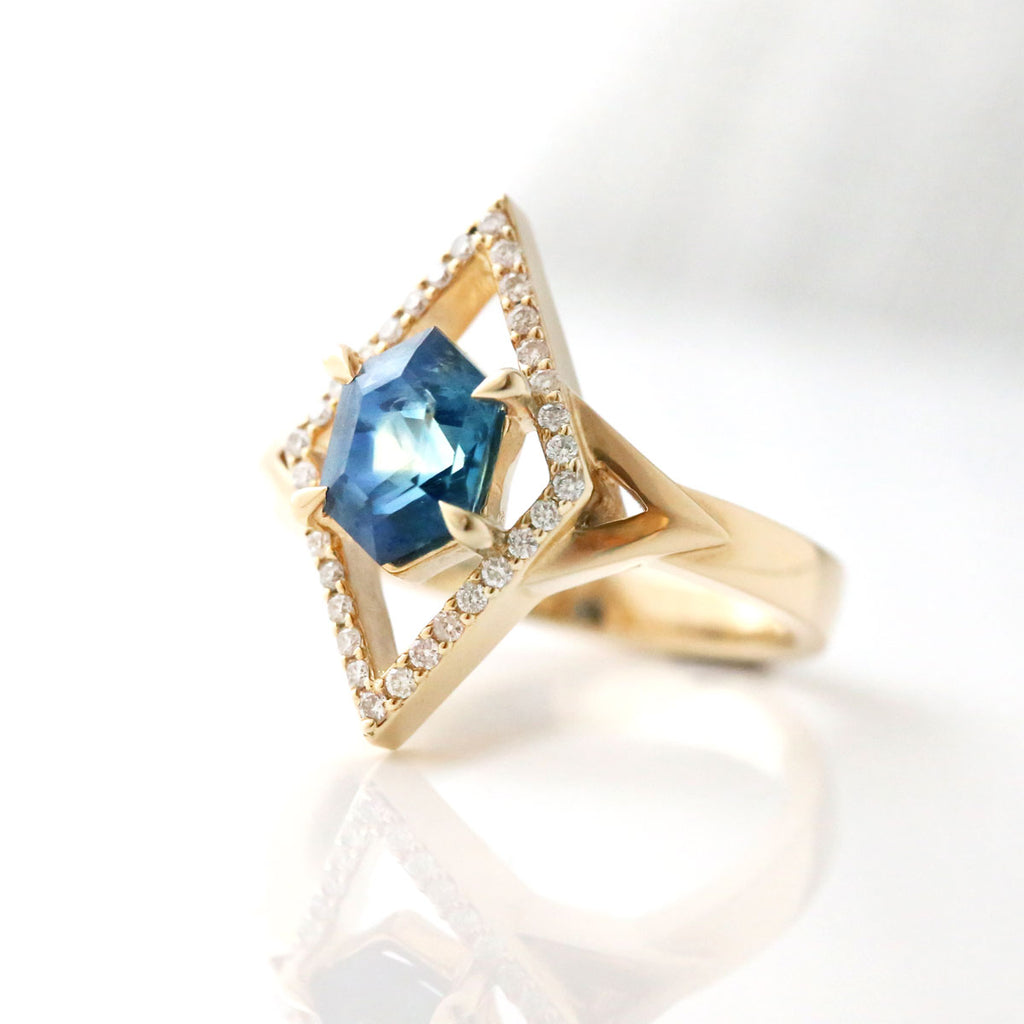 2 carat Deep Blue Opalescent Sapphire Helios Ring with Diamonds in 14 carat Yellow Gold