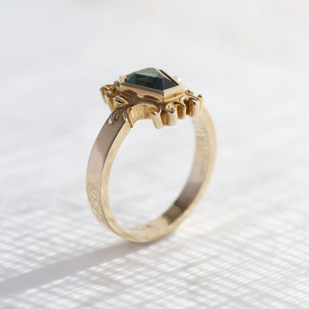 1.57 carat Deep Forest Green Sapphire Filligree Frame Ring in 9 carat Yellow Gold