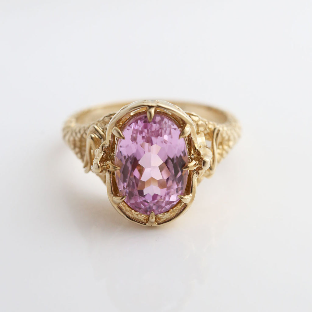 5.5 carat Pink Kunzite Oval Fey Queen Ring in 9 carat Yellow Gold