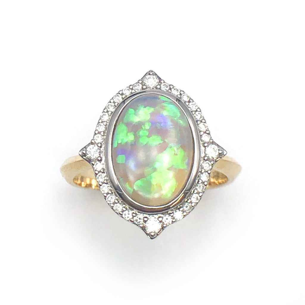 2.11 carat Neon Green/Blue Floral Opal Angelique Ring in 9 carat Yellow and White Gold