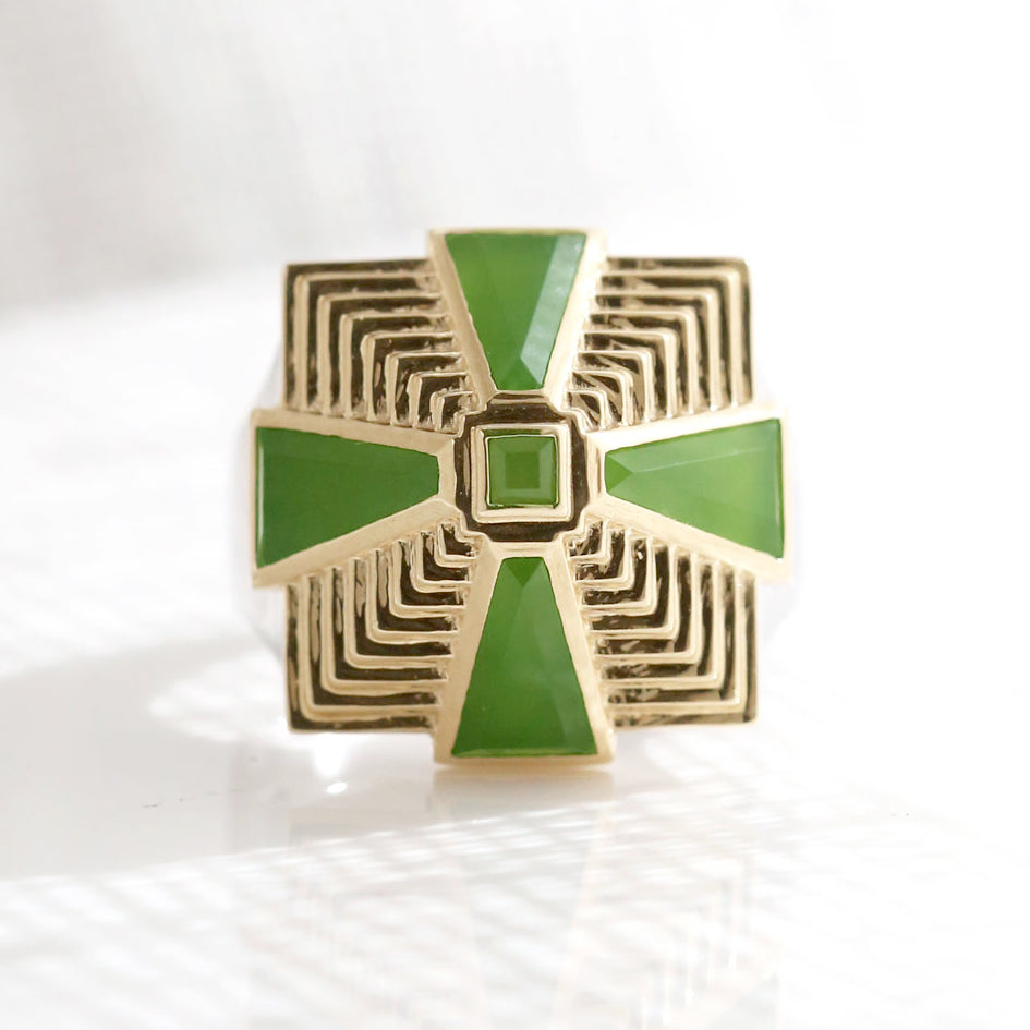 Epic Pounamu Ziggurat ring in 9 carat Yellow and White Gold