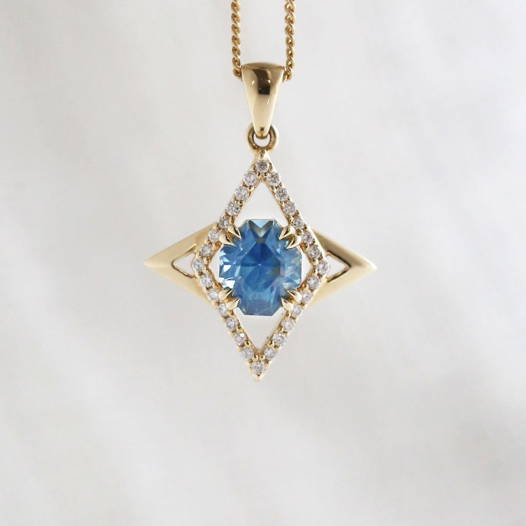 1.9 carat Grey Blue Helios Pendant with Diamonds in 14 carat Yellow Gold