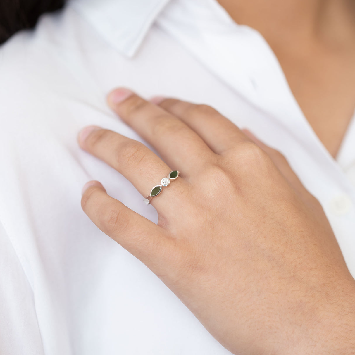 Pounamu and Cubic Zirconia Blossom ring in Sterling Silver
