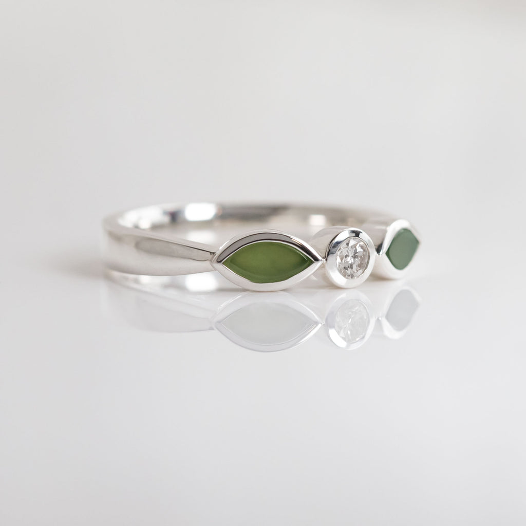 Pounamu and Cubic Zirconia Blossom ring in Sterling Silver