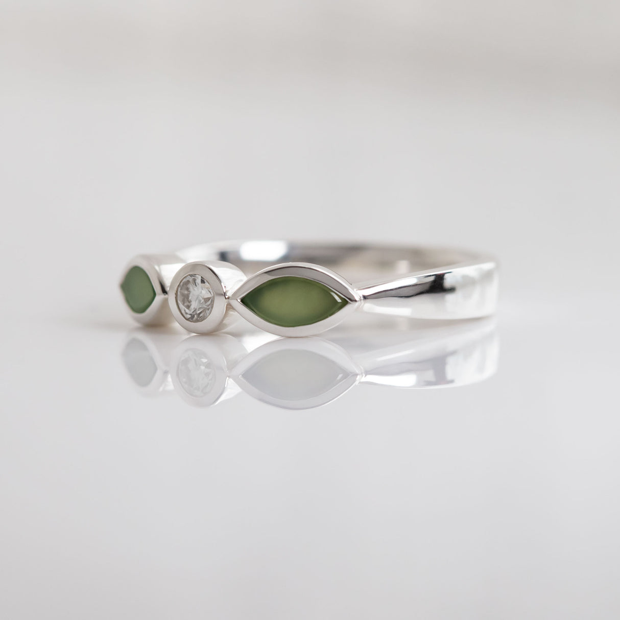 Pounamu and Cubic Zirconia Blossom ring in Sterling Silver