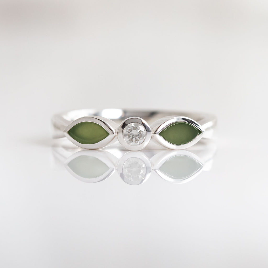 Pounamu and Cubic Zirconia Blossom ring in Sterling Silver