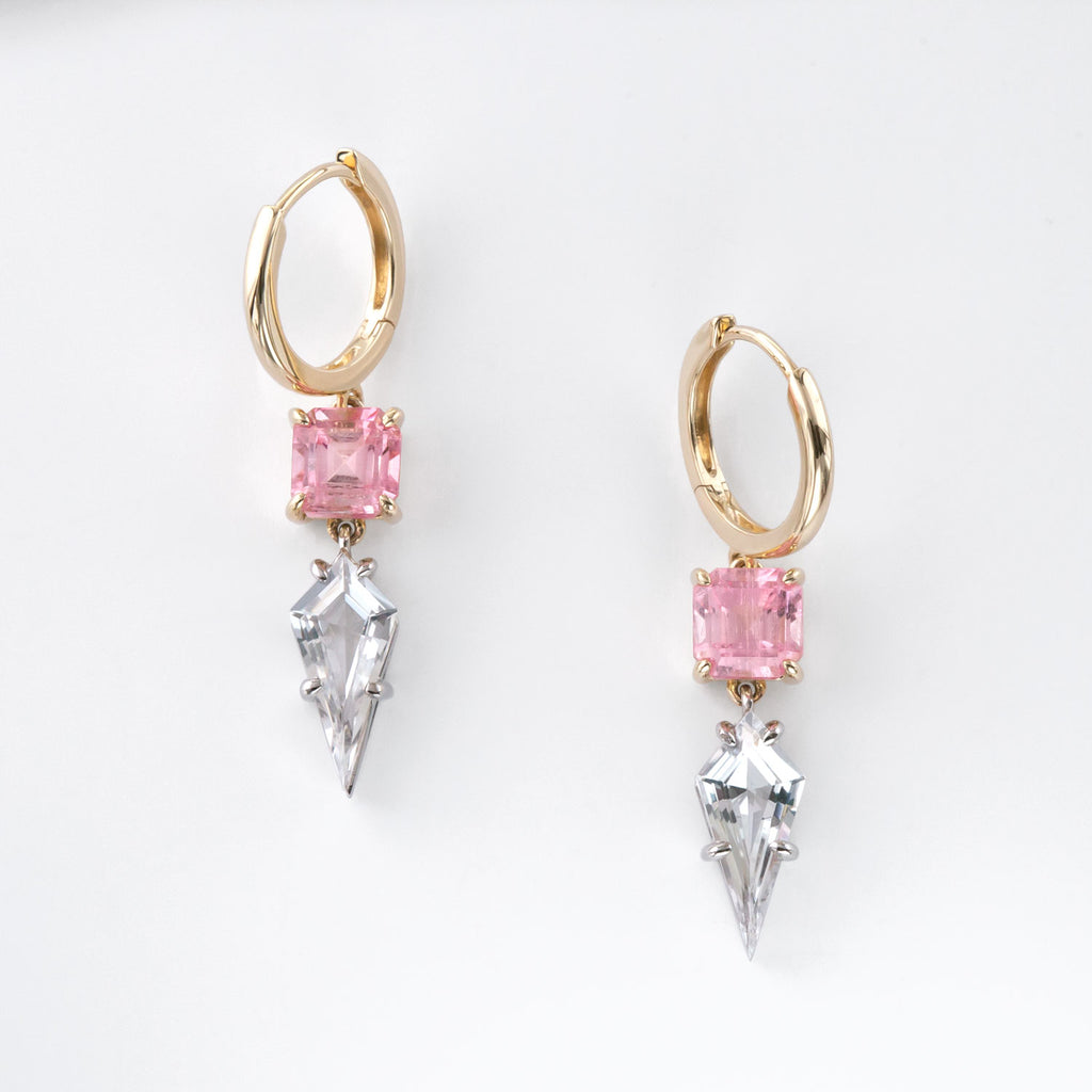 Light Pink Tourmaline Crystal Palace earrings in 9 carat Yellow Gold and Platinum