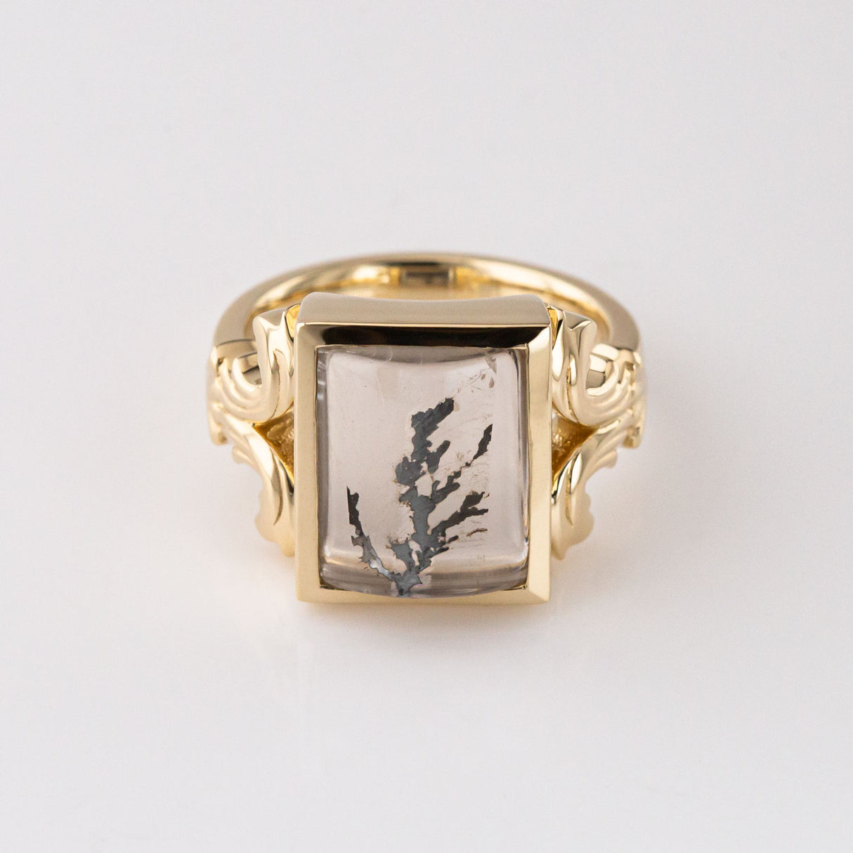 Black Tree Quartz Flourish ring in 9 carat Gold