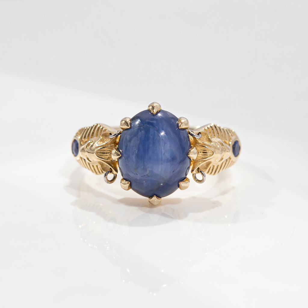 7.05 carat Blue Star Sapphire Bastet ring in 9 carat Gold and Platinum